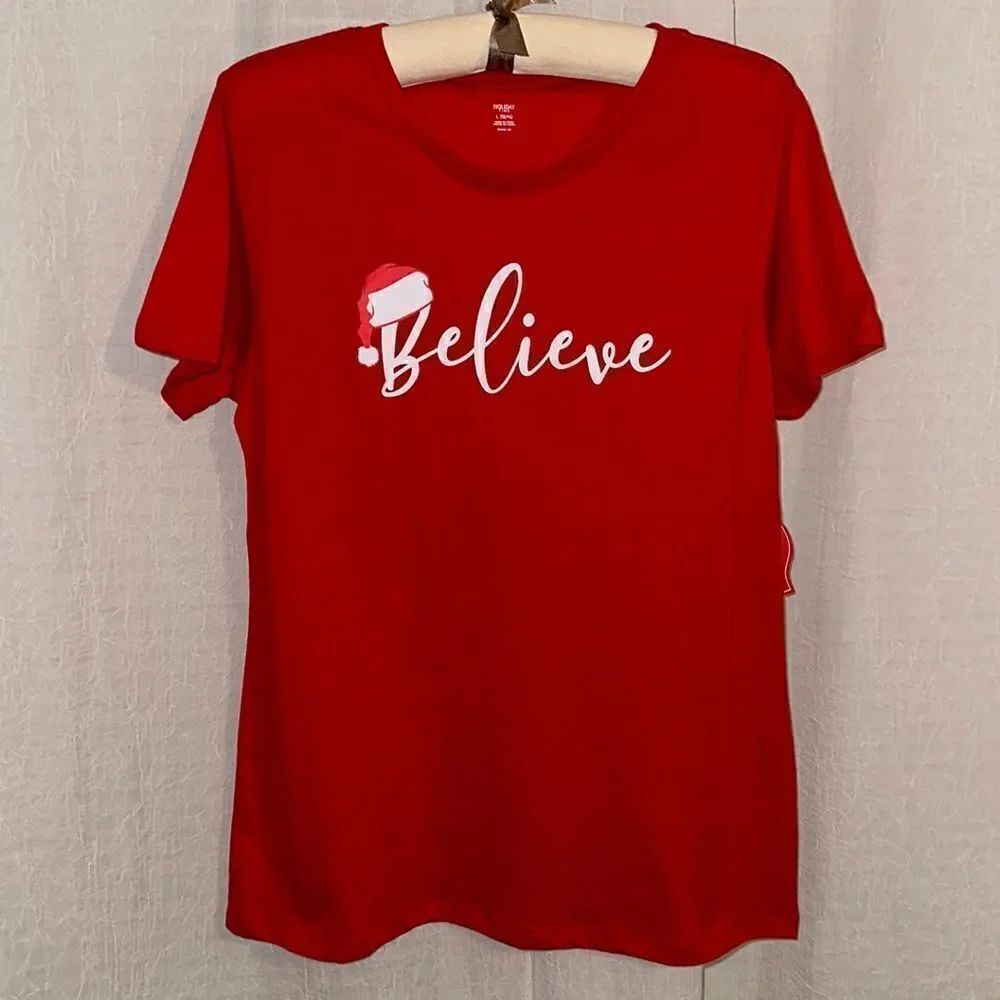 HT L Red White Logo “Believe” Santa Christmas Hat over B Short Sleeve Tee